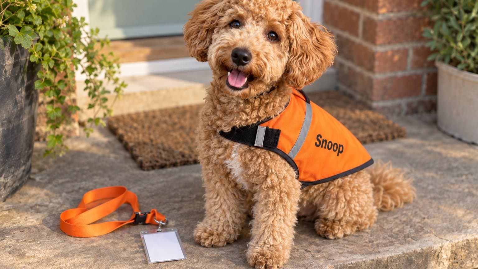 Snoop on the doorstep in his new orange coat, lanyard and ID card beside him