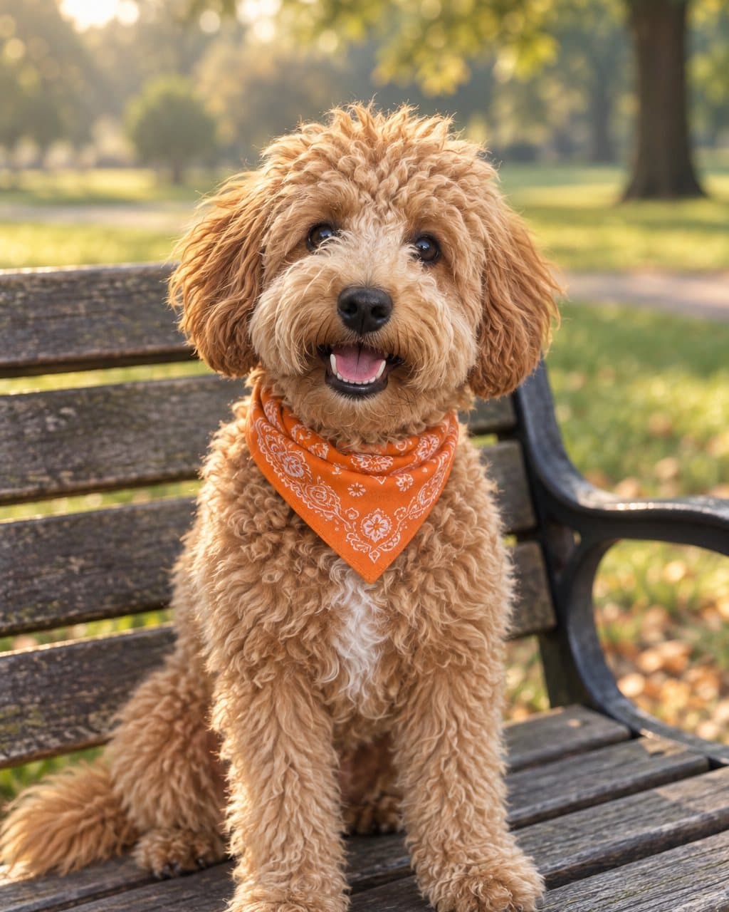 Snoop in his bandana sitting on a park bench, early morning