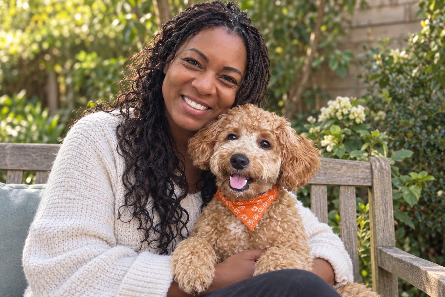 Sasha with Snoop on her lap on a garden bench