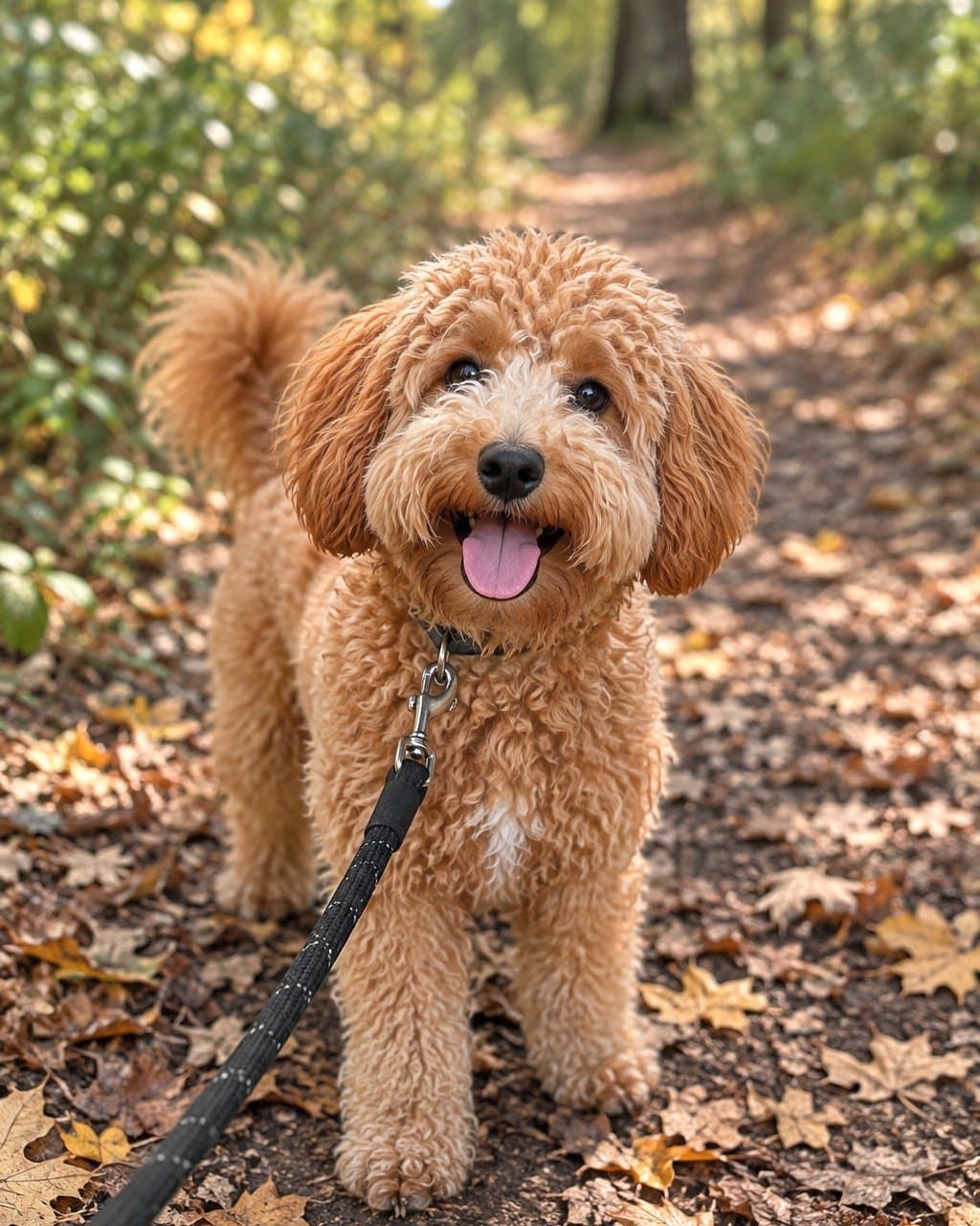 Snoop on a woodland path, no coat, tongue out