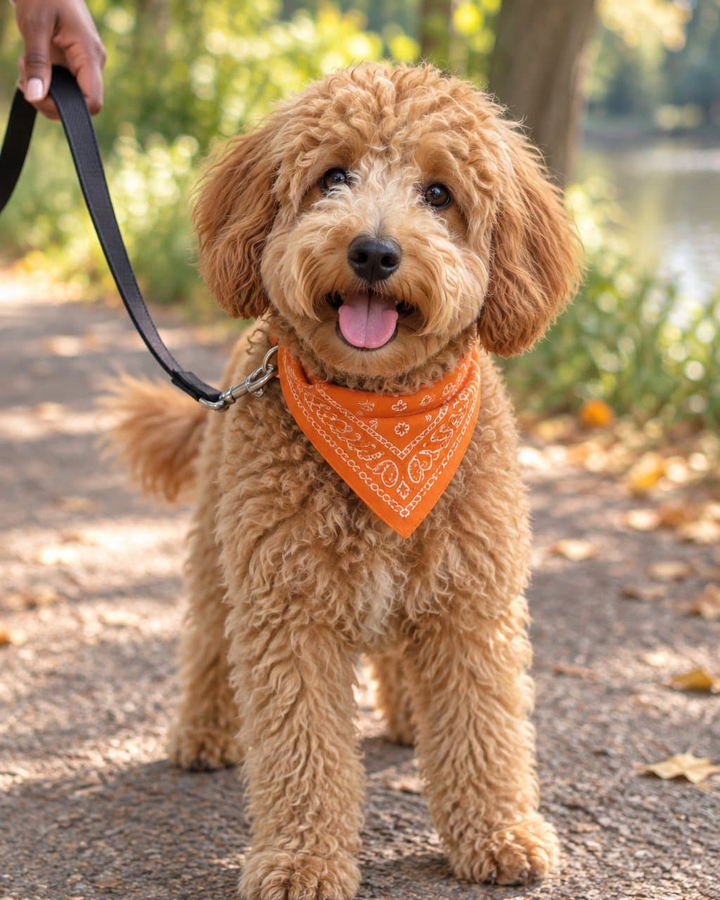 Snoop in his orange bandana on a park path, on the lead