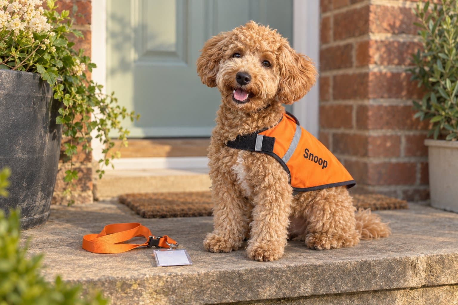 Snoop on the doorstep in his new orange coat, lanyard and ID card beside him