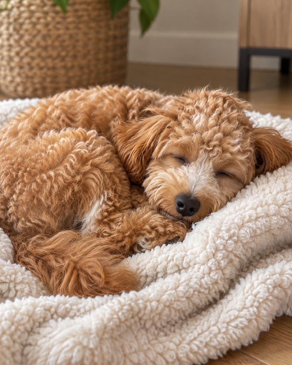 Snoop asleep, curled up on his cream blanket
