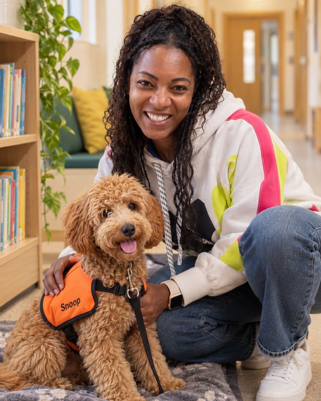 Sasha crouched beside Snoop on his blanket in a quiet school corridor